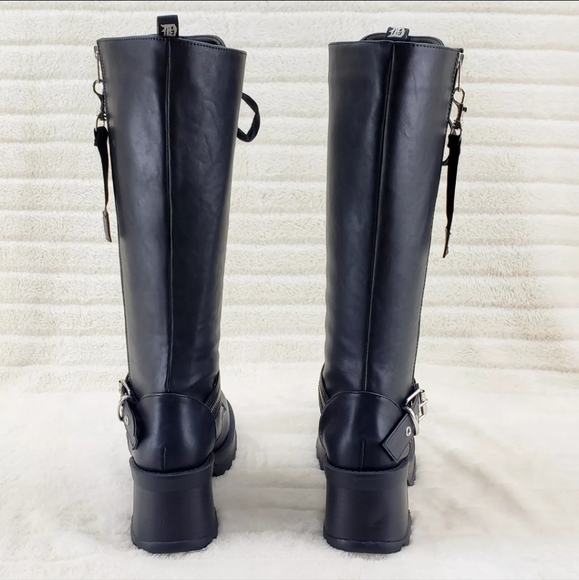 Bratty Block Heel Lace Up Punk Goth Biker Knee Boots - Picture 7 of 15
